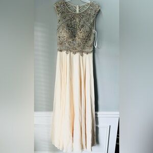 Jovani Evening Dress Authentic Gown Gold Beige Crystal Cream Boat Neck